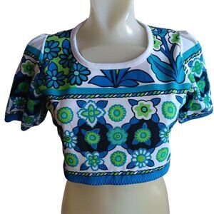 Womens Small Vintage 1960s Floral Flower Power Crop Top Double Knit Polyester